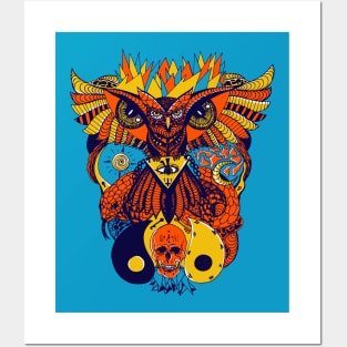 Orange Blue Owl And Ageless Skull Posters and Art